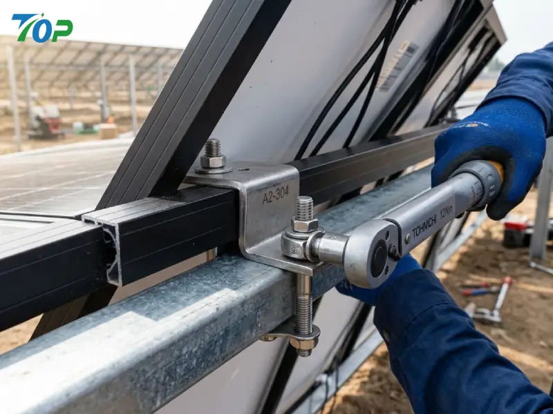 Technician installing SUS304 clamp and rail connection on solar fence mounting system.